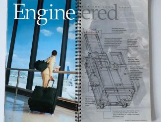 Brochure spread of woman with Tumi bag in an airport